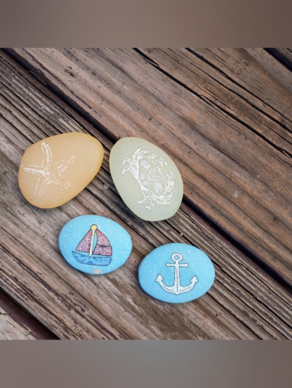 Hand-Painted Nautical Sea Glass Stones - Anchor, Sailboat, Crab, Starfish
